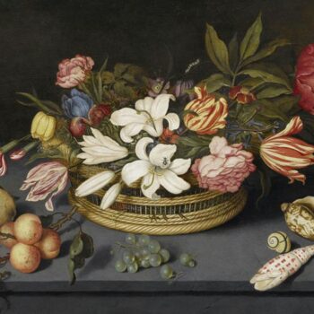Basket with flowers, fruit and sea shells