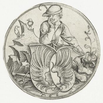 Coat of arms with wings, held by a farmer. 1470-1490