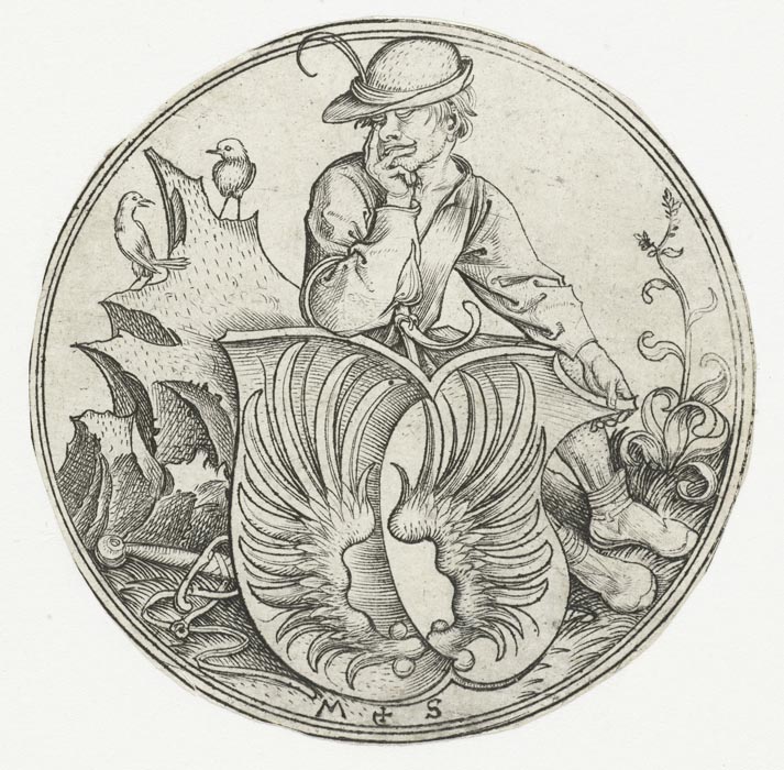 Coat of arms with wings, held by a farmer. 1470-1490