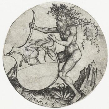 Coat with a deer, held by a wild man with a club. 1470-1490