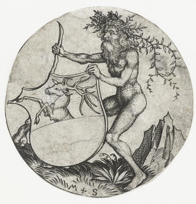 Coat with a deer, held by a wild man with a club. 1470-1490