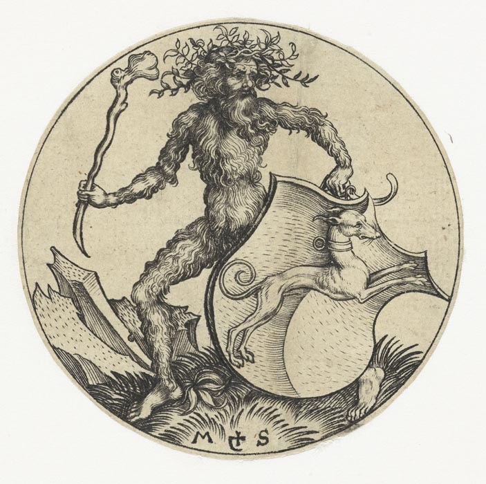 Coat with a dog, held by a wild man with a club. 1470-1490