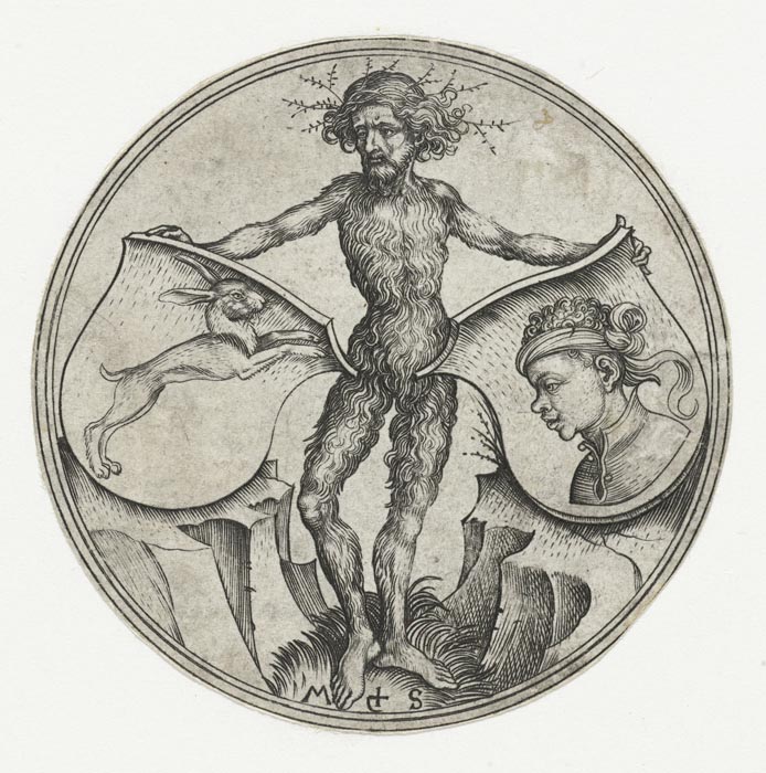 Coats of arms with a hare and a moor, held by a savage. 1470-1490