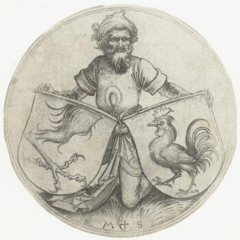 Coats of arms with a rooster and the leg of a griffin, held by an Oriental. 1470-1490