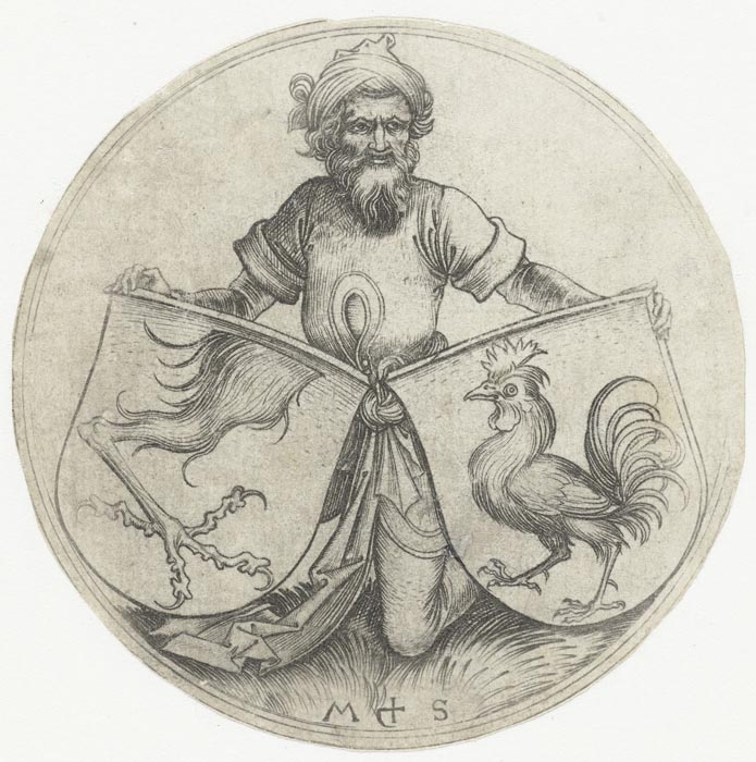 Coats of arms with a rooster and the leg of a griffin, held by an Oriental. 1470-1490