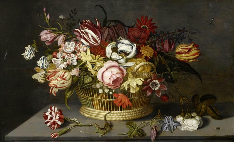 Flowers in a basket with a carnation, a rose and a lizard on a table - 1634