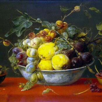 Fruits in a bowl on red tablecloth - 1640
