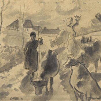 Girl Leading a Herd of Cows along the Road