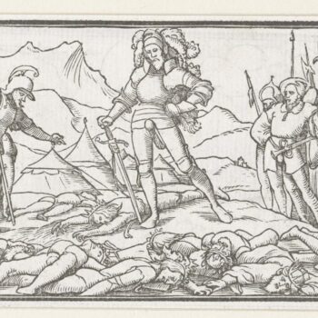 Joshua as commander of Israel with bodies of the defeated kings. 1538