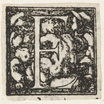 Letter E with three children sitting. 1522 - 1526