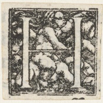 Letter H with four children whose child is sitting on the back of a creeping child. 1522 - 1526