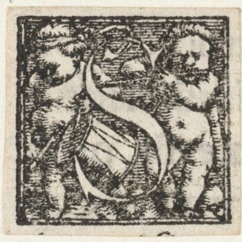 Letter S with child playing on drum and child blowing whistle. 1522 - 1524