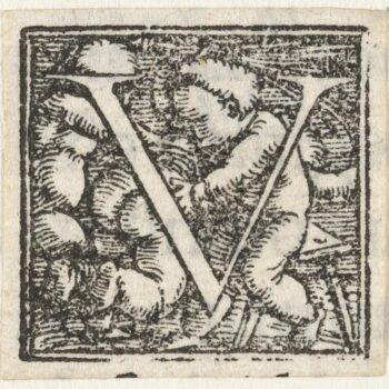 Letter V with child hits another child on bare buttocks. 1522 - 1526