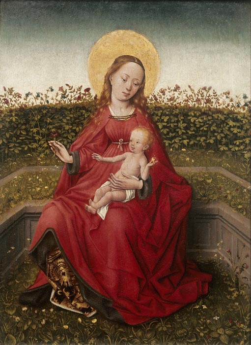 Madonna and Child in a rose garden