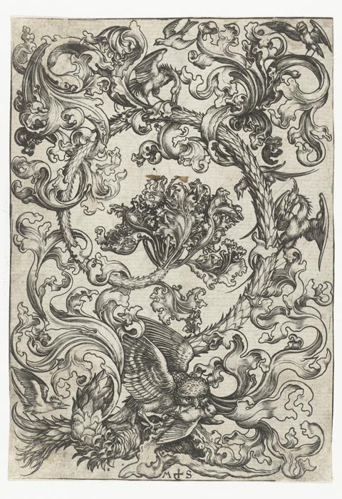 Ornament with owl and other birds. 1470-1490