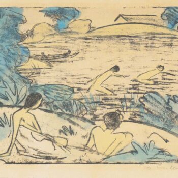 Otto Mueller - Badeszene mit vier Figuren, Haus und Boot (nach rechts) - ca1914