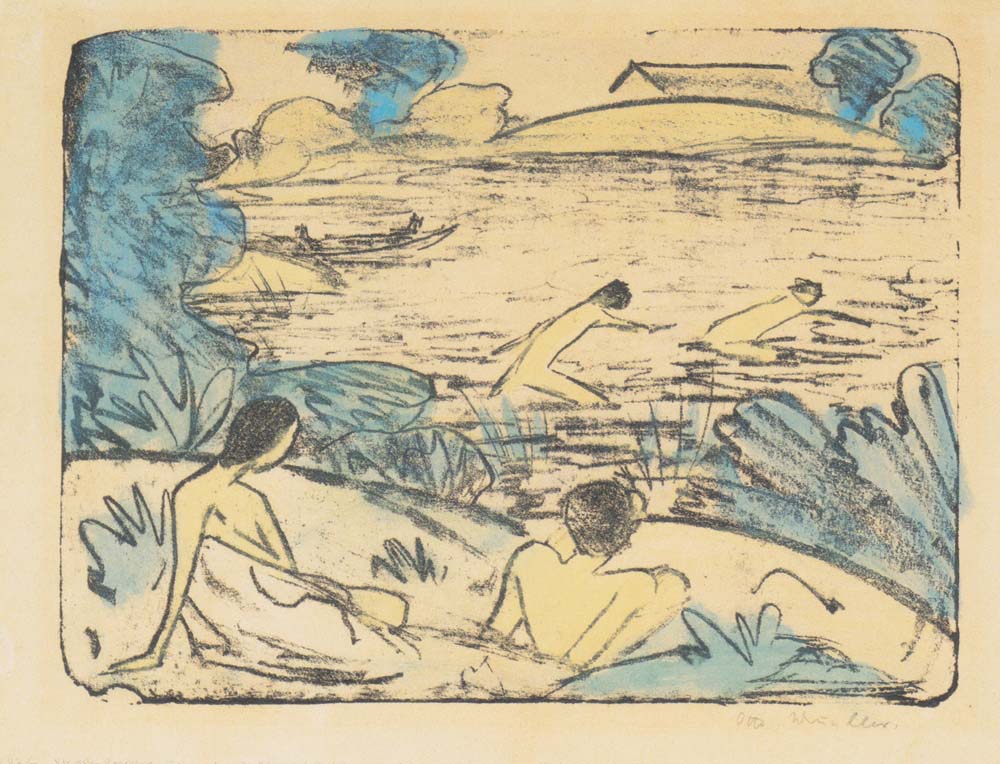 Otto Mueller - Badeszene mit vier Figuren, Haus und Boot (nach rechts) - ca1914