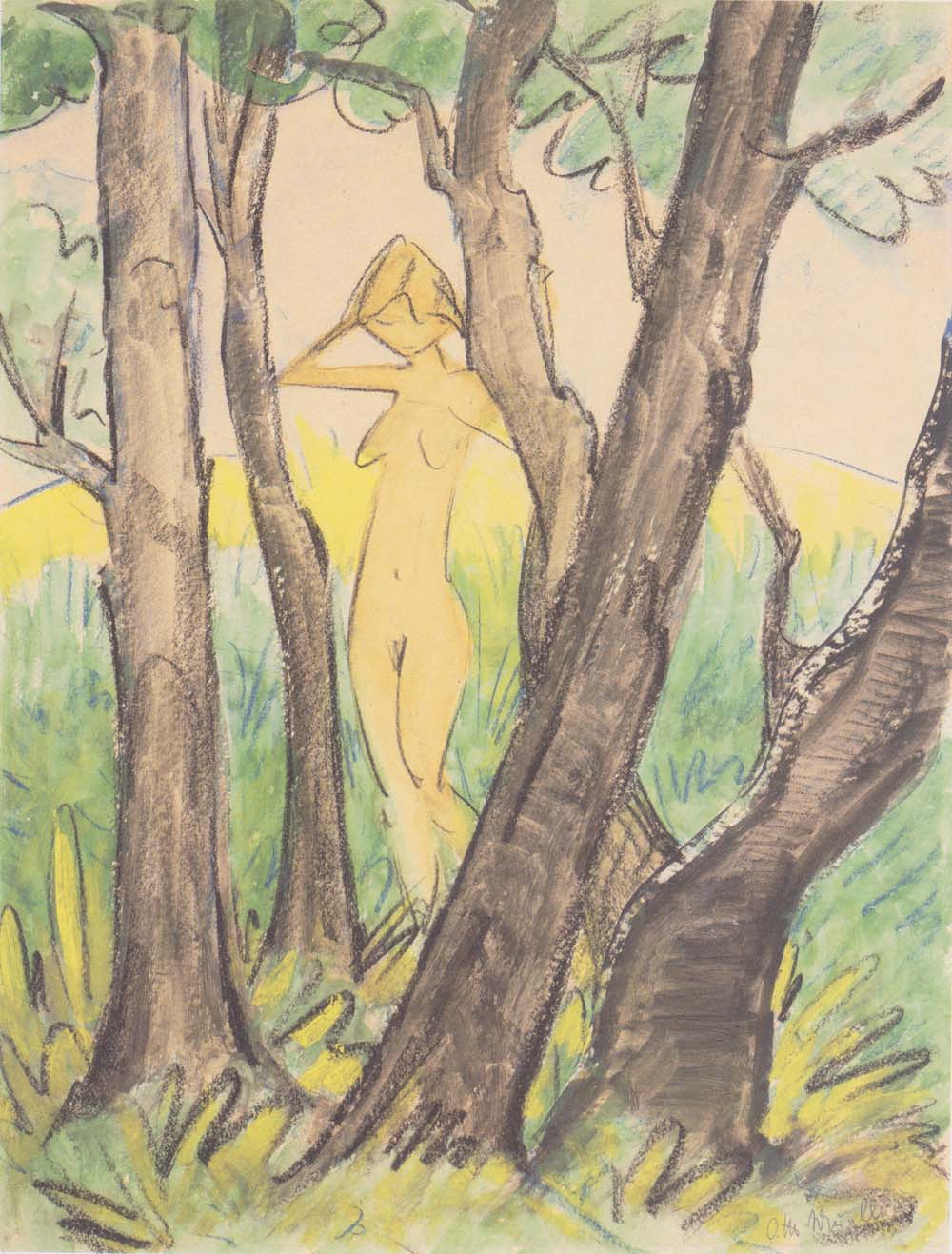 Otto Mueller - Stehender weiblicher Akt zwischen Baumen - ca1925