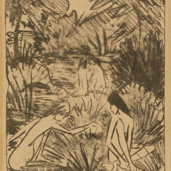Otto Mueller - Waldsee mit drei badenden und einem sitzenden Madchen - 1918