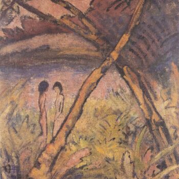 Otto Mueller - Zwei Madchenakte und gekreuzte Stamme am Waldteich - ca1920