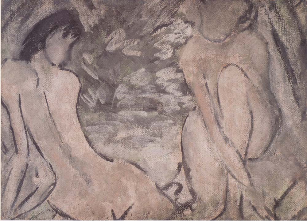 Otto Mueller - Zwei am Teichrand sitzende Madchenakte - ca1914