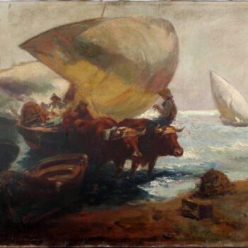 Seguidor de la JoaquĚ_n Sorolla - Playa escena con figuras y toros