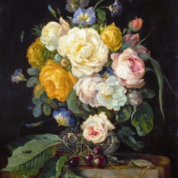 Still-life with a bouquet of flowers, cherries and a clock - 1655