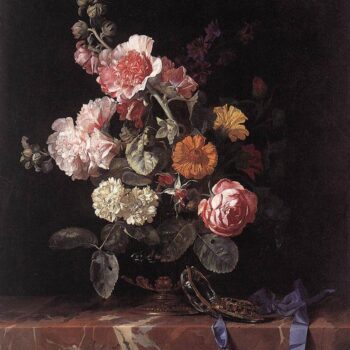 Still-life with a bouquet of flowers in a glass vase and pocket watch