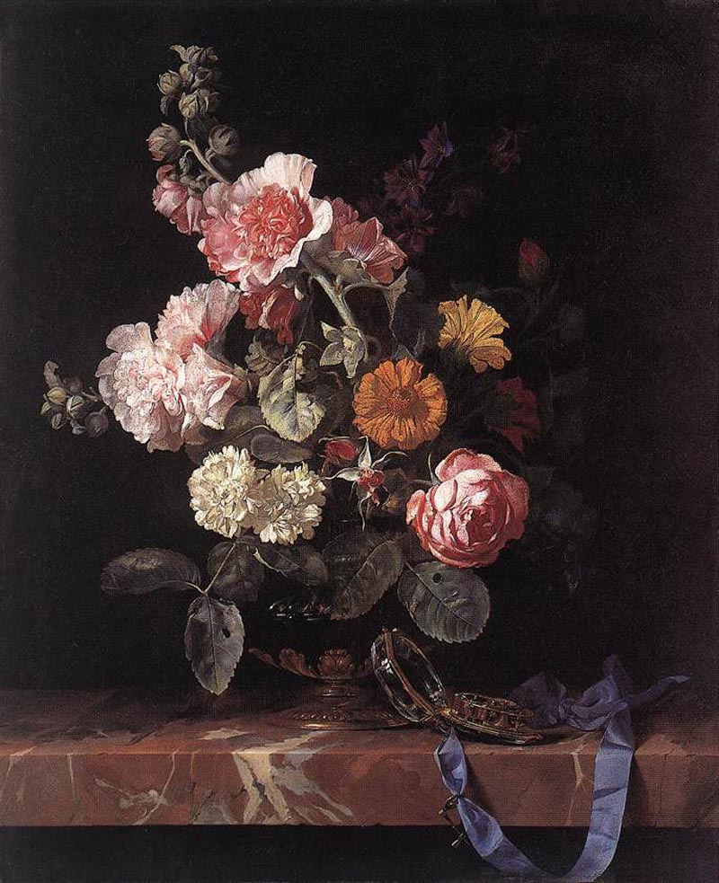 Still-life with a bouquet of flowers in a glass vase and pocket watch