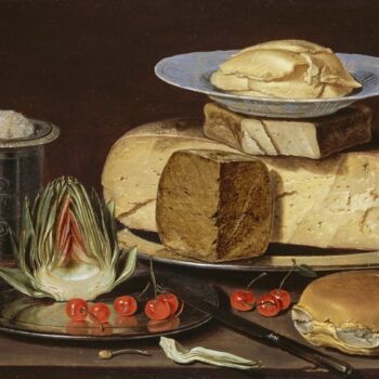 Still-life with cheese, artichokes and cherry