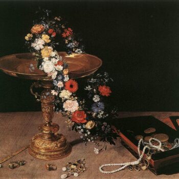 Still Life with a wreath and gold vase