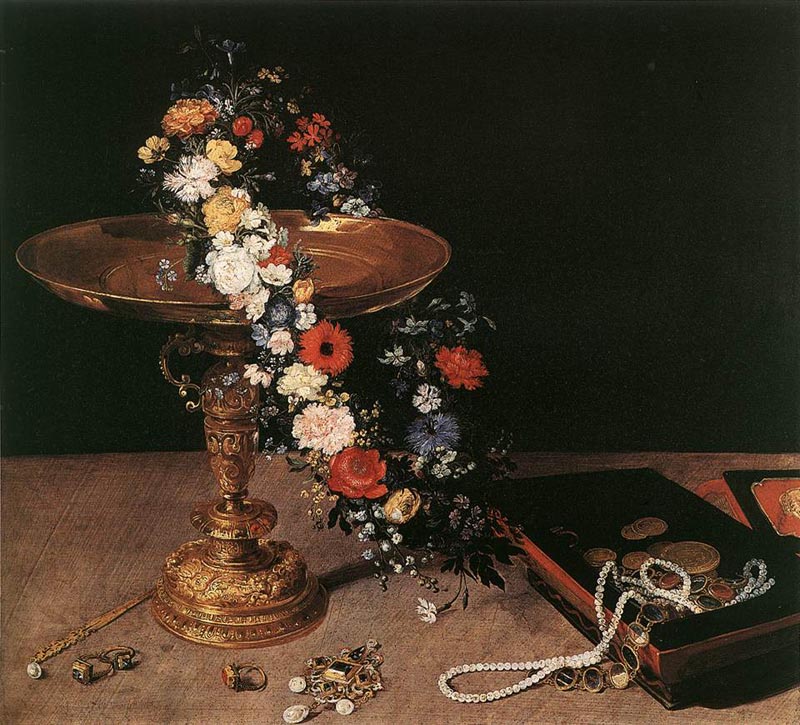 Still Life with a wreath and gold vase