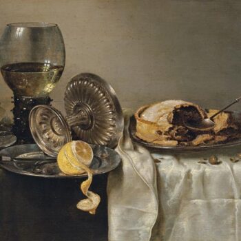 Still life with Jug, silver tableware and blackberry pie - 1634