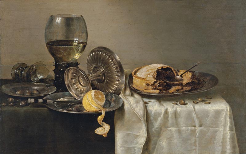 Still life with Jug, silver tableware and blackberry pie - 1634
