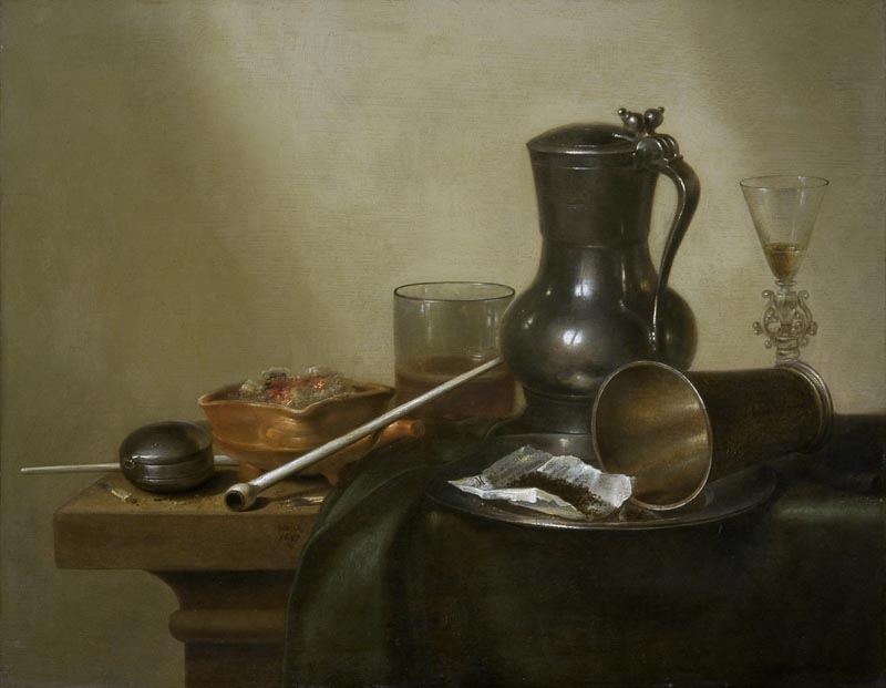 Still life with Pipe, pewter and pocket watches - 1637