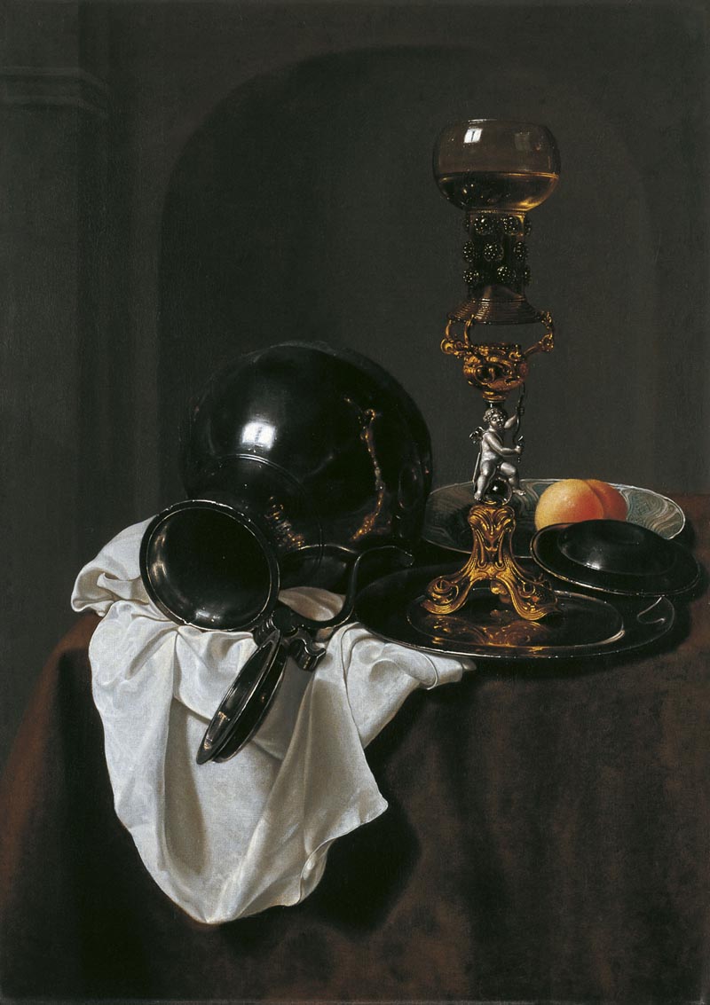 Still life with a pewter jug and a glass of wine