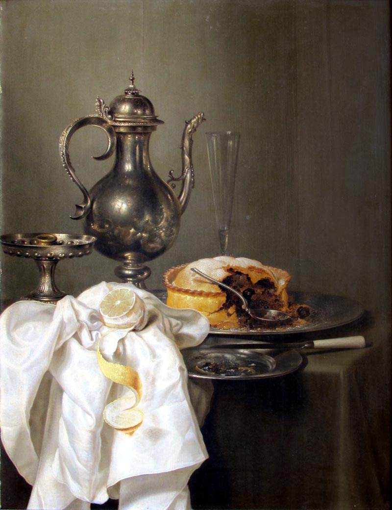 Still life with a silver vessel and Turkish - blackberry pie - 1645