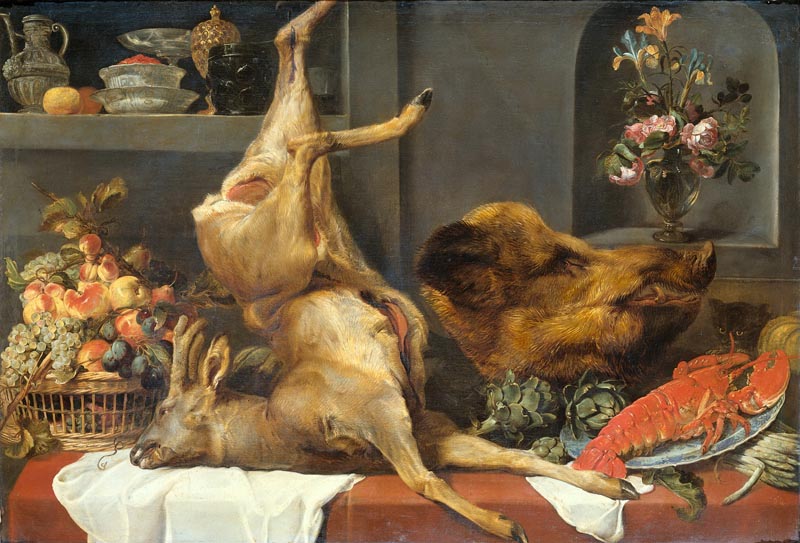 Still life with deer and wild boar head, lobster and fruit - about 1657