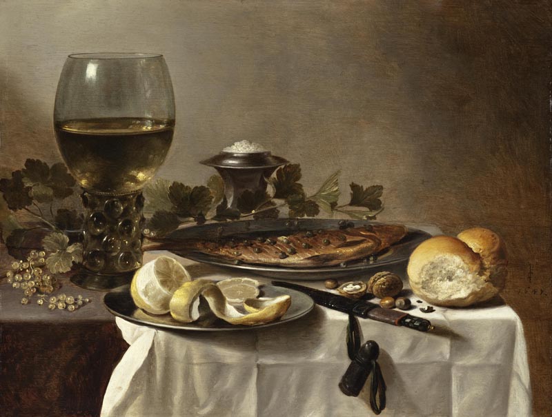Still life with fish, a glass of wine and bread - 1647