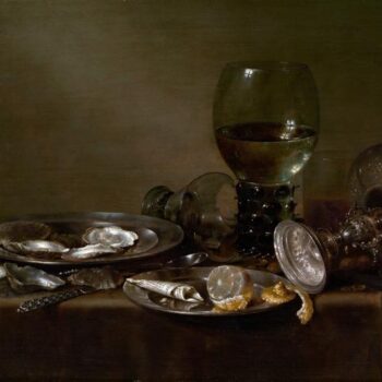 Still life with oysters, a silver stand, and glass products - 1635