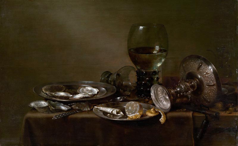 Still life with oysters, a silver stand, and glass products - 1635