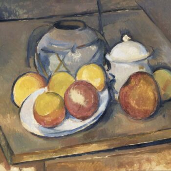 Straw-Trimmed Vase, Sugar Bowl and Apples, 1890-93
