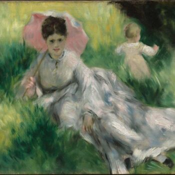 Woman with a Parasol and Small Child on a Sunlit Hillside, 1873