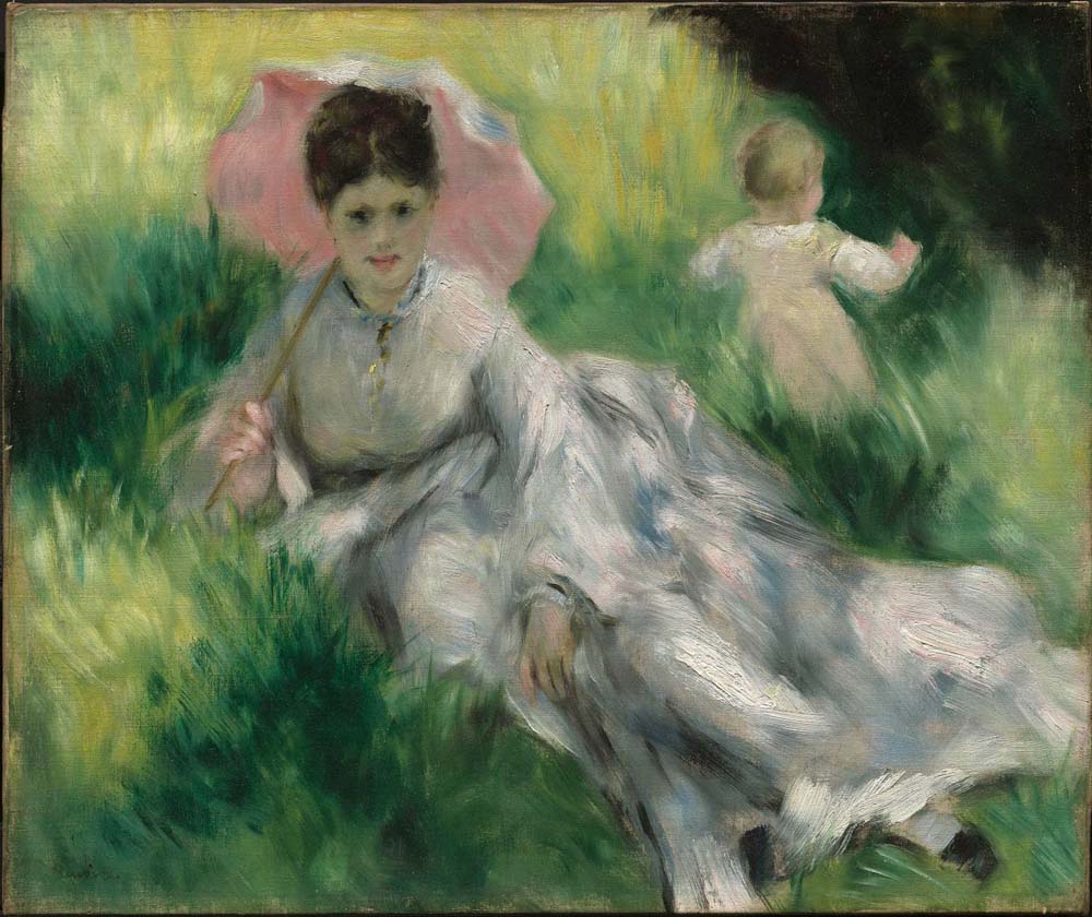 Woman with a Parasol and Small Child on a Sunlit Hillside, 1873