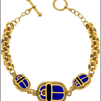 7.5" Egyptian 3-scarab charm bracelet, blue enameled