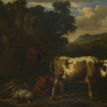 Dirck van den Bergen - Two Calves, a Sheep and a Dun Horse by a Ruin