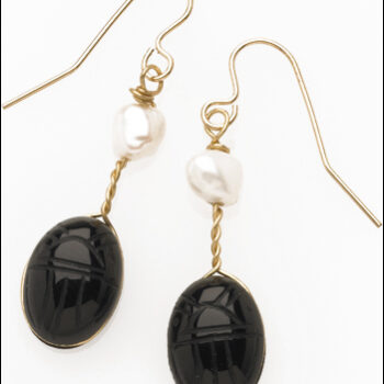 Onyx engraved Scarab earrings, with pearl drop, on ear-wires