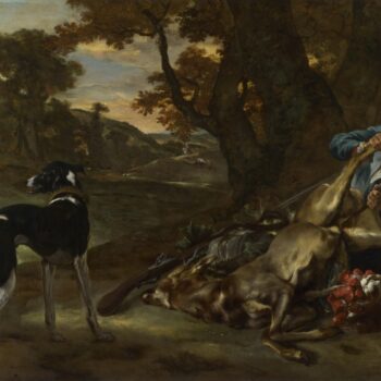 Jan Baptist Weenix - A Huntsman cutting up a Dead Deer, with Two Deerhounds