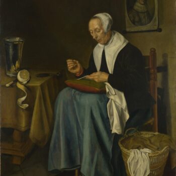 Johannes van der Aack - An Old Woman seated sewing