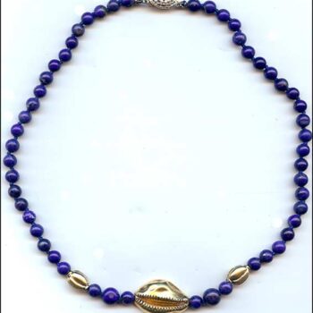 16" Egyptian necklace with Lapis, cowrie shell and beans